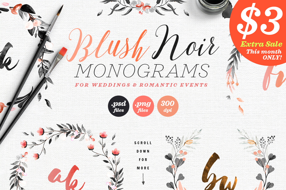 6 Blush Noir Wedding Monograms IV for Crafts