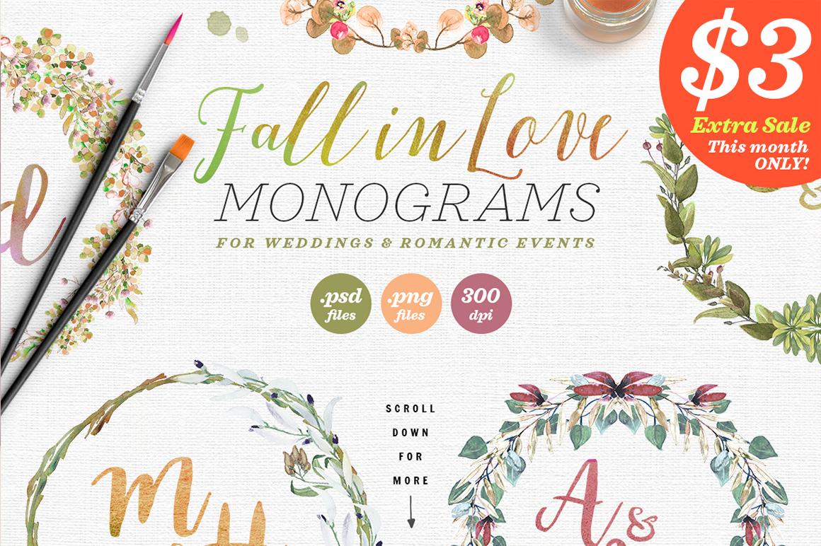 6 Fall in Love Wedding Monograms V for Crafts
