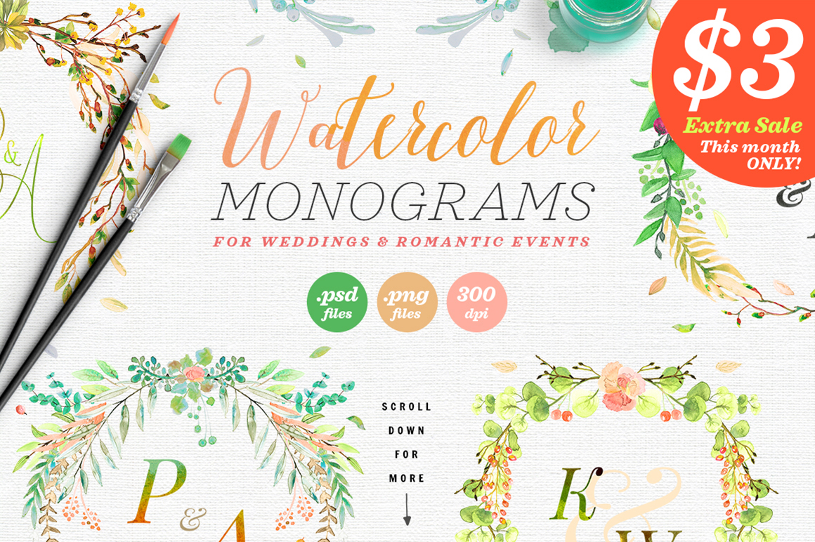 6 Watercolor Wedding Monograms III for Crafts