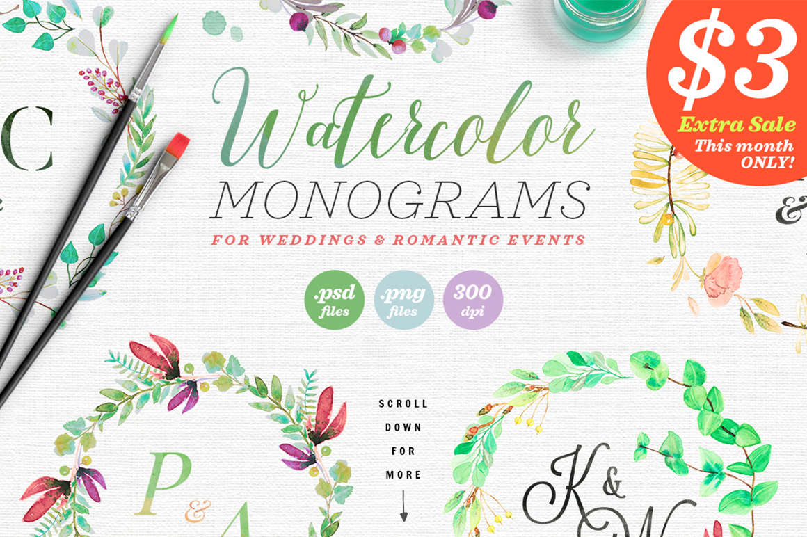 8 Watercolor Wedding Monograms II for Crafts