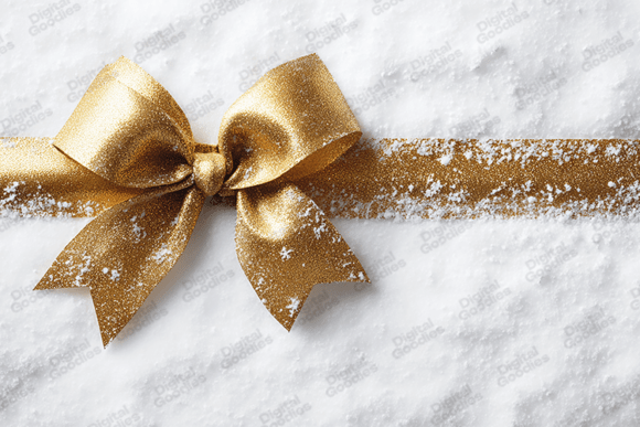 Gold Glitter Ribbon Bow on White Snow Backgrounds