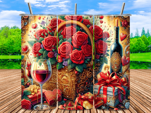 Red Wine Rose Basket Valentine Tumbler Wraps
