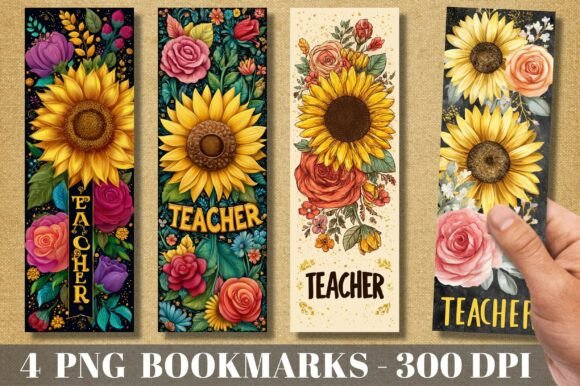 Sunflower Teacher PNG Bookmark Print Templates